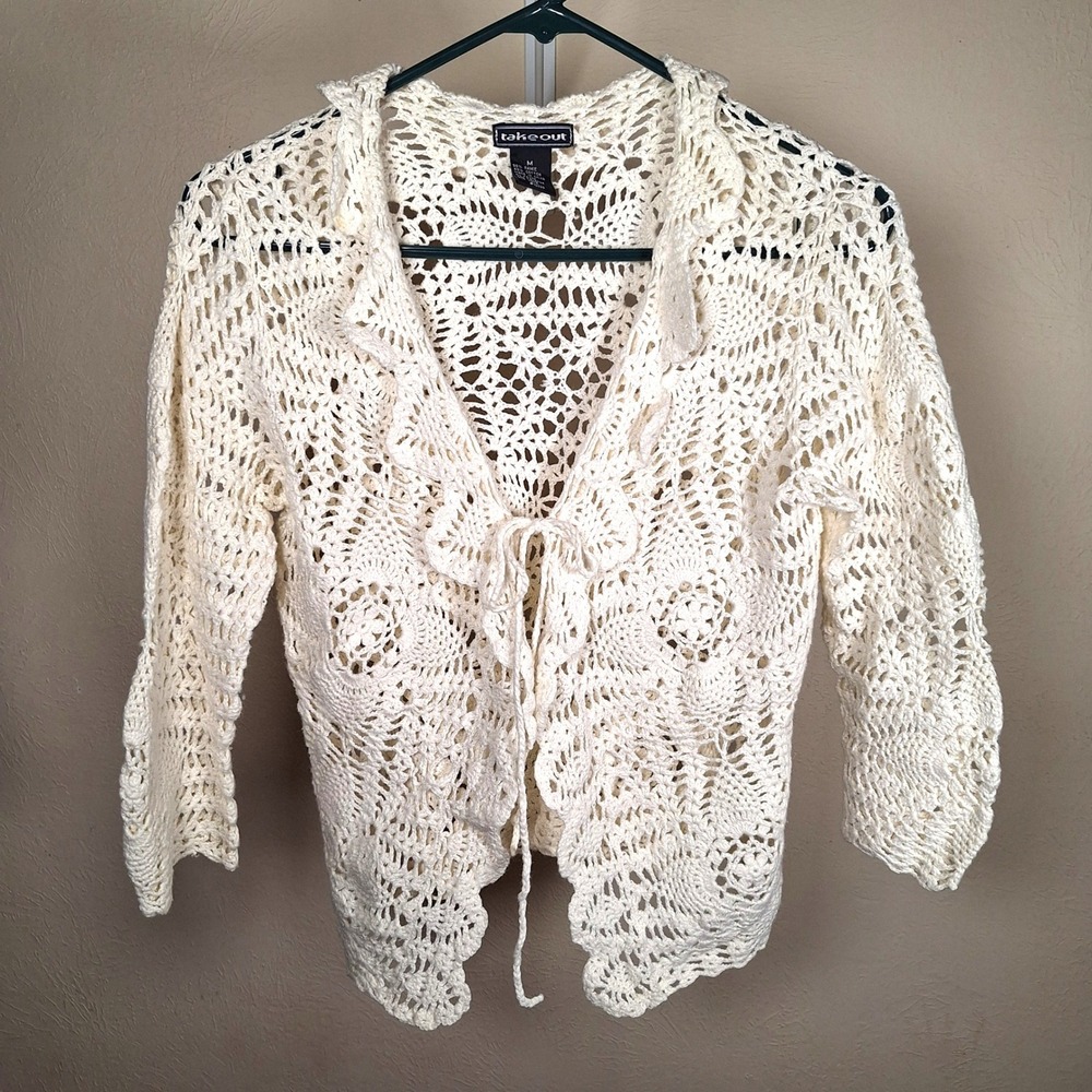 Takeout Vintage Y2K Open Crochet Cardigan Tie Front Dainty Twee Boho Scallop M
